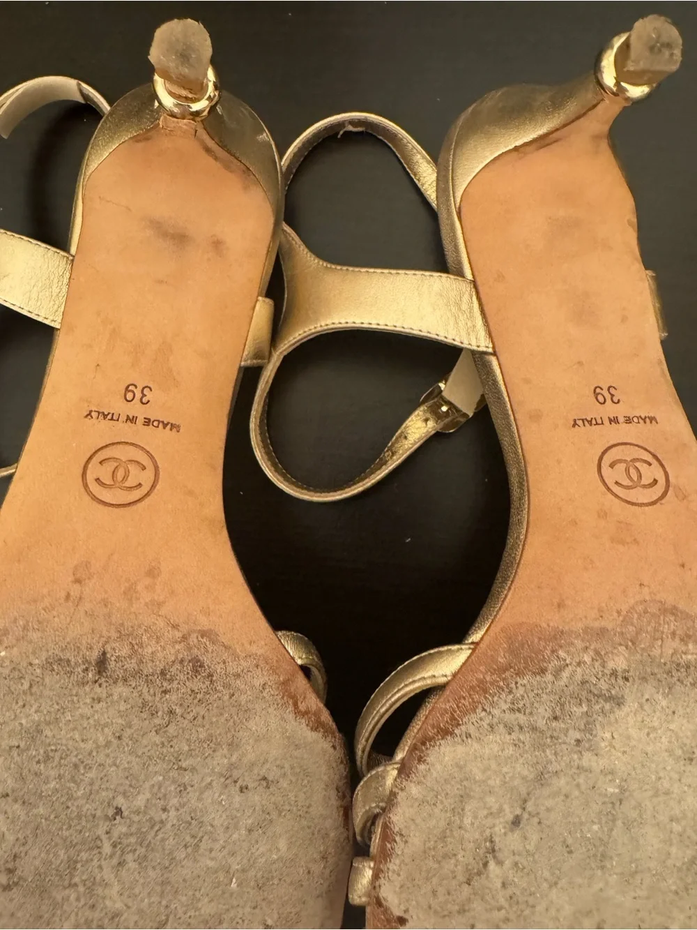 CHANEL metallic gold Camellia leather sandals with ankle - 39 Used